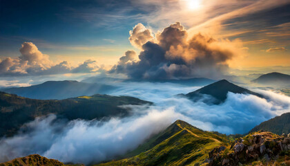 Sunset or sunrise over mountains peaks above clouds with misty valleys and green fields in foreground.