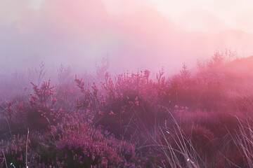 A field of pink flowers with a hazy, foggy atmosphere. The flowers are scattered throughout the field, with some in the foreground and others in the background