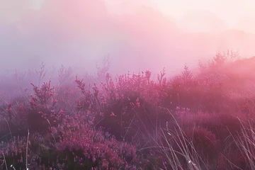Foto op Aluminium A field of pink flowers with a hazy, foggy atmosphere. The flowers are scattered throughout the field, with some in the foreground and others in the background © mila103