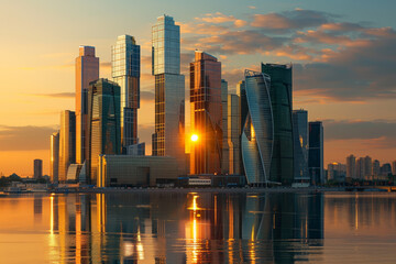 Obraz premium The sun is setting over a city skyline, casting a warm glow on the buildings. The reflection of the sun can be seen on the glass windows of the skyscrapers, creating a beautiful and serene atmosphere