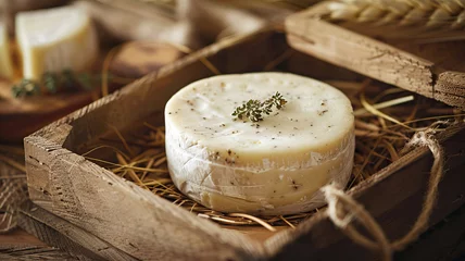 Fotobehang Rustic Camembert Cheese Presentation in a Wooden Box with Elegant Garnishing © Adin