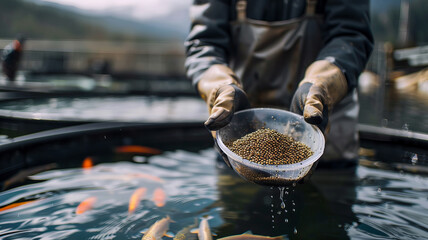 Worker holds scoop of pelleted feed fish for feeding. Concept Farm of trout and salmon. - obrazy, fototapety, plakaty