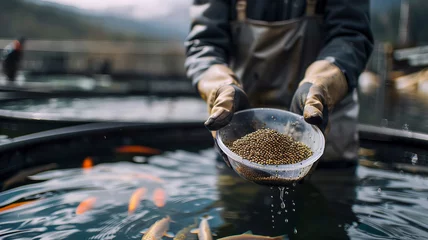 Foto op Canvas Worker holds scoop of pelleted feed fish for feeding. Concept Farm of trout and salmon. © Adin