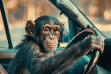 A baby monkey is sitting in the driver's seat of a car. The monkey is looking at the camera with a curious expression