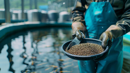 Worker holds scoop of pelleted feed fish for feeding. Concept Farm of trout and salmon.