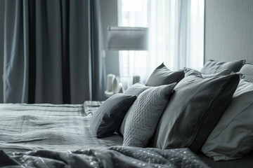 A bed with a gray comforter and gray pillows. The pillows are arranged in a way that creates a sense of comfort and relaxation