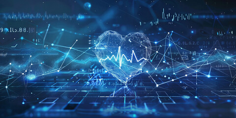 Monitoring with artificial intelligence of heart health and pulse management. Concept AI futuristic healthcare technology, data network visualization, neon banner. - obrazy, fototapety, plakaty