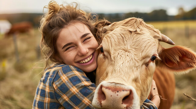 Concept agriculture cattle livestock farming industry. Smiling Happy young woman farm worker hugging cow as sign of concern for animal health care in field, sunlight.