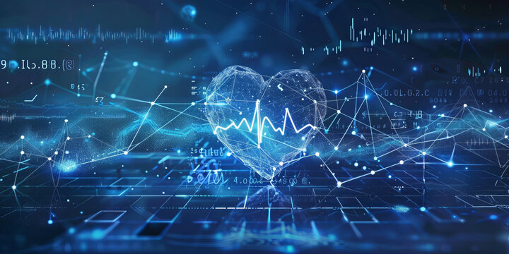Monitoring with artificial intelligence of heart health and pulse management. Concept AI futuristic healthcare technology, data network visualization, neon banner.