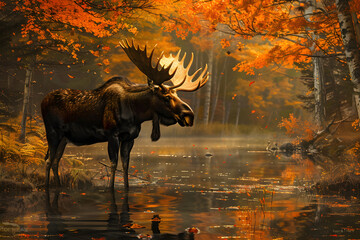 Majestic Moose in Autumnal Forest: A Spectacle of Strength and Serenity