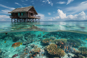 A beautiful underwater scene with a house in the middle. The house is surrounded by a coral reef and the water is crystal clear - obrazy, fototapety, plakaty