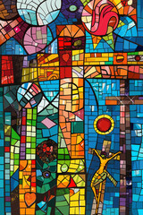 Colorful mosaic depicting diverse religious symbols, promoting interfaith harmony, understanding, and cultural appreciation