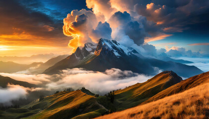 Sunset or sunrise over mountains peaks above clouds with misty valleys and green fields in...