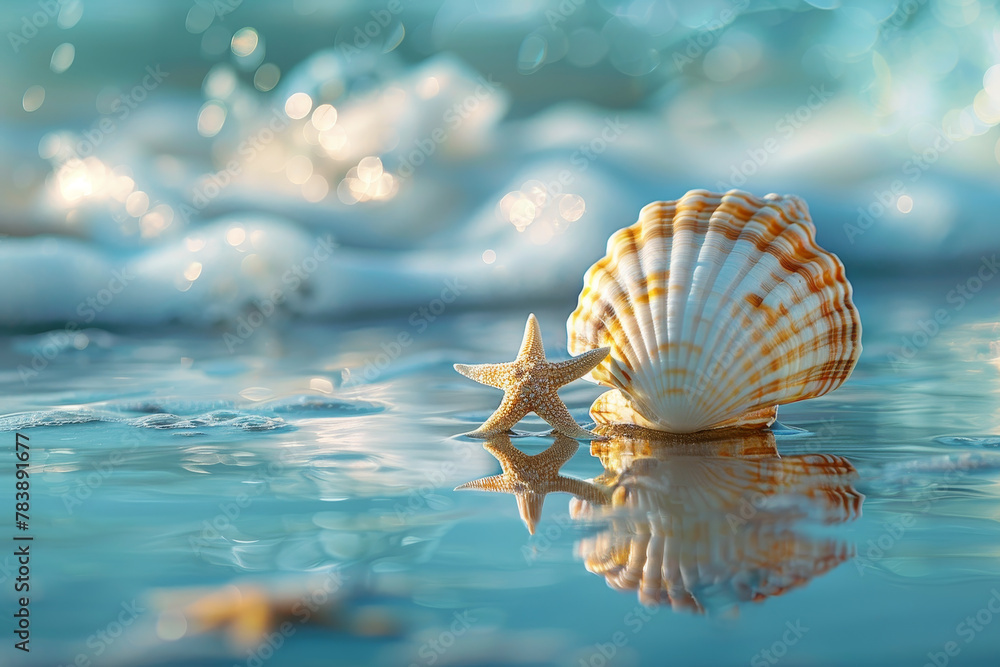 Poster a star and a shell are on the water. the shell is a large one and the star is small