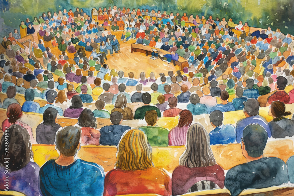 Poster numerous individuals seated in rows in a lecture hall, listening to a speaker at the front
