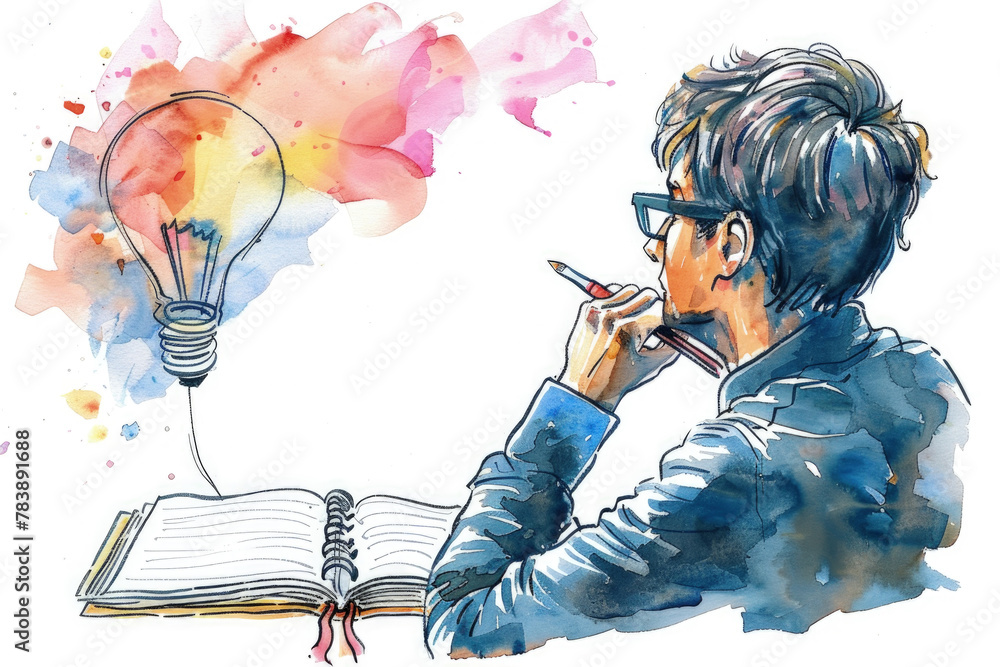 Poster a man sits at a desk with an open book in front of him, illuminated by a light bulb above. he appear