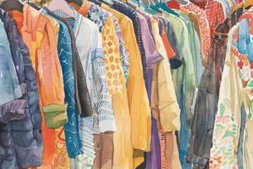 A watercolor painting depicting a colorful rack of assorted clothing items hanging neatly
