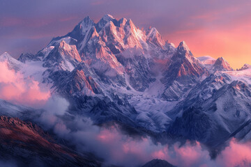 A mountain range with snow on it and a pink sky in the background. The mountains are covered in snow and the sky is a beautiful pink color