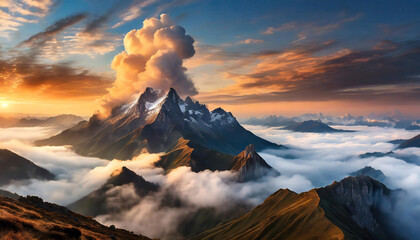 Sunset or sunrise over mountains peaks above clouds with misty valleys and green fields in foreground.