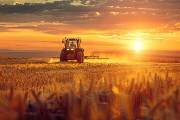 irrigation tractor spraying or harvesting agricultural crop at sunset. photo is real. place for text. information infographic, generative ai