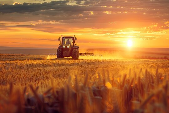 Fototapeta irrigation tractor spraying or harvesting agricultural crop at sunset. photo is real. place for text. information infographic, generative ai