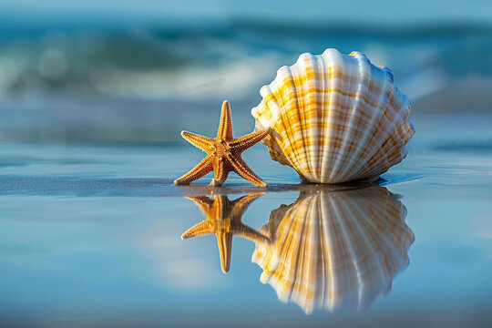 A starfish and a shell are on the beach