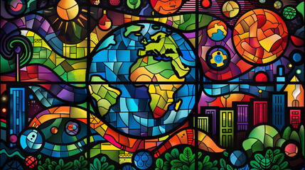 Playful pop art on Earth Day. Stained glass window - Planet fights plastic. Choose green solutions.