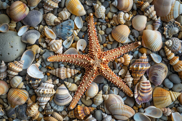 Fototapeta na wymiar A starfish is laying on the sand, with its arms spread out. The image has a calm and peaceful mood, as the starfish is not in motion and is simply resting on the sand