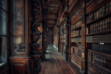 A long, narrow room with wooden shelves and a spiral staircase. The room is filled with books, and the atmosphere is quiet and peaceful