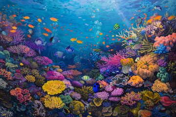 A painting of a colorful coral reef with many fish swimming around. The mood of the painting is peaceful and serene, as the vibrant colors of the fish and coral create a sense of calmness