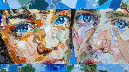 A colorful abstract collage with a tight focus on vibrant blue eyes, capturing a fragmented yet expressive human visage