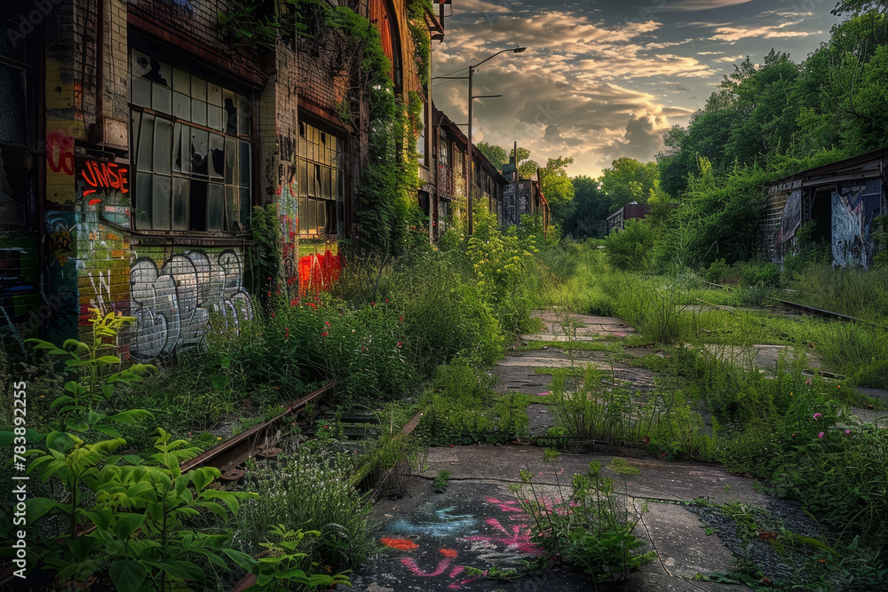 Poster a run down, abandoned building with graffiti on the walls. the area around the building is overgrown