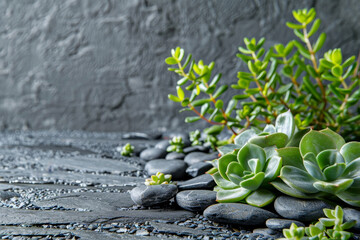 A small plant with green leaves sits on a stone surface. The plant is surrounded by rocks, which give it a natural and rustic feel. Concept of calm and tranquility