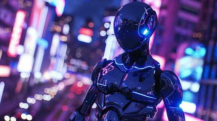, metallic exoskeleton, fearless cyborg adventurer exploring a neon cityscape at dusk, cyberpunk vibe, 3D render, Backlights, Depth of field bokeh effect, Handheld shot view - obrazy, fototapety, plakaty