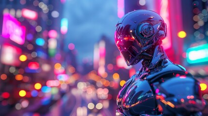 , metallic exoskeleton, fearless cyborg adventurer exploring a neon cityscape at dusk, cyberpunk vibe, 3D render, Backlights, Depth of field bokeh effect, Handheld shot view - obrazy, fototapety, plakaty