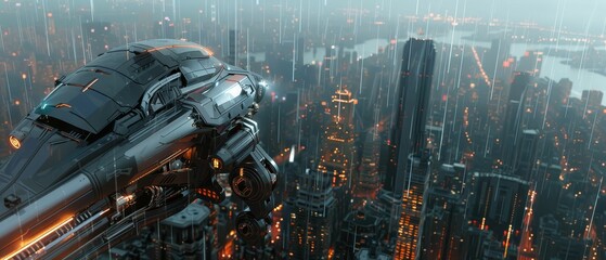 , metallic exoskeleton, halfhuman halfmachine, navigating a futuristic city skyline, rain pouring down, 3D render, Backlights, Chromatic Aberration, Wideangle view