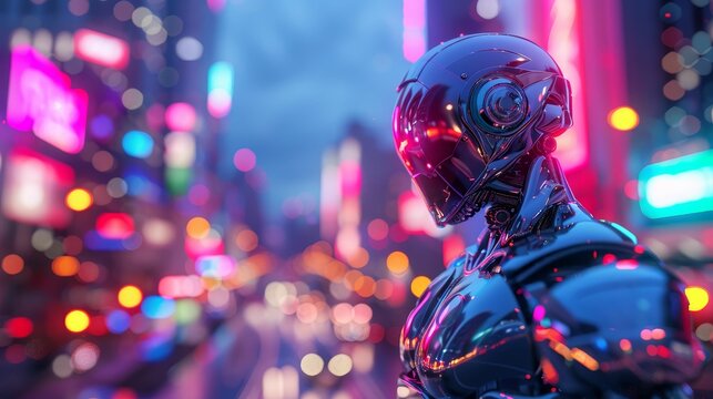 , metallic exoskeleton, fearless cyborg adventurer exploring a neon cityscape at dusk, cyberpunk vibe, 3D render, Backlights, Depth of field bokeh effect, Handheld shot view