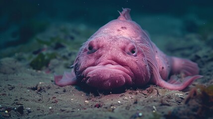 Grumpy pink blobfish on ocean floor
