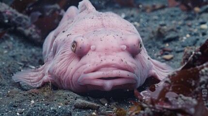 Grumpy pink blobfish on ocean floor