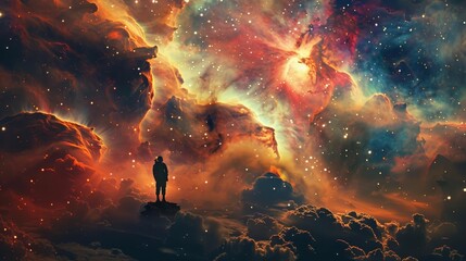 A lone explorer, vast cosmic expanse, nebula clouds, contemplating the unknown, photography, silhouette lighting, double exposure, Dutch angle view - obrazy, fototapety, plakaty