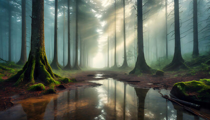 Misty forest with mossy rocks and trees, reflecting in a calm, stagnant pool of water.
