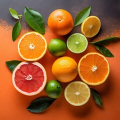 Tropical Vibes: Citrus Fruits Arranged on Bold Orange Background