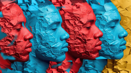 Various faces of people creatively crafted from colored paper, showcasing a diverse group of individuals