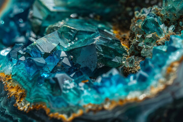 A blue crystal formation with a yellowish tint. The blue color is very bright and the yellowish...