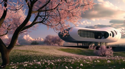 futuristic house in the countryside at spring with pink flowering trees.