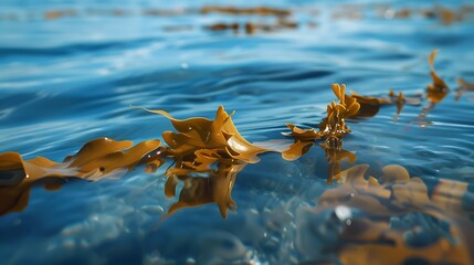 Some brown seaweed floating in the shallows on a calm day taken on a bright blue day