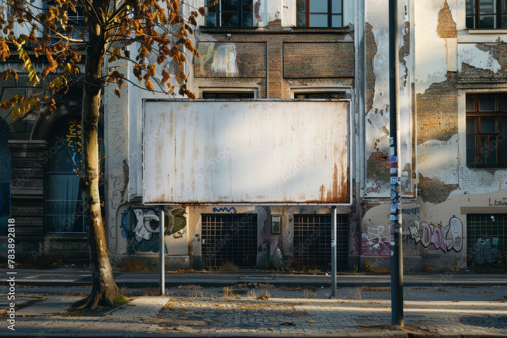 Poster a large white billboard sits in front of a building with graffiti on the walls. the billboard is emp