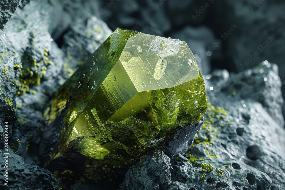 Poster a green crystal is sitting on a rock. the rock is covered in moss and has a rough texture. the cryst