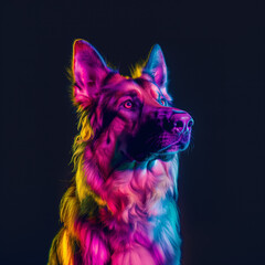 Neon German Shepherd Portrait. Dog Lovers