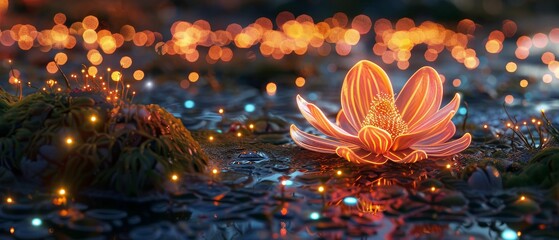 Alien Flower, Radioactive Petals, Floating in a Bioluminescent Swamp, Realistic Image, Golden Hour, Depth of Field Bokeh Effect, Highangle view